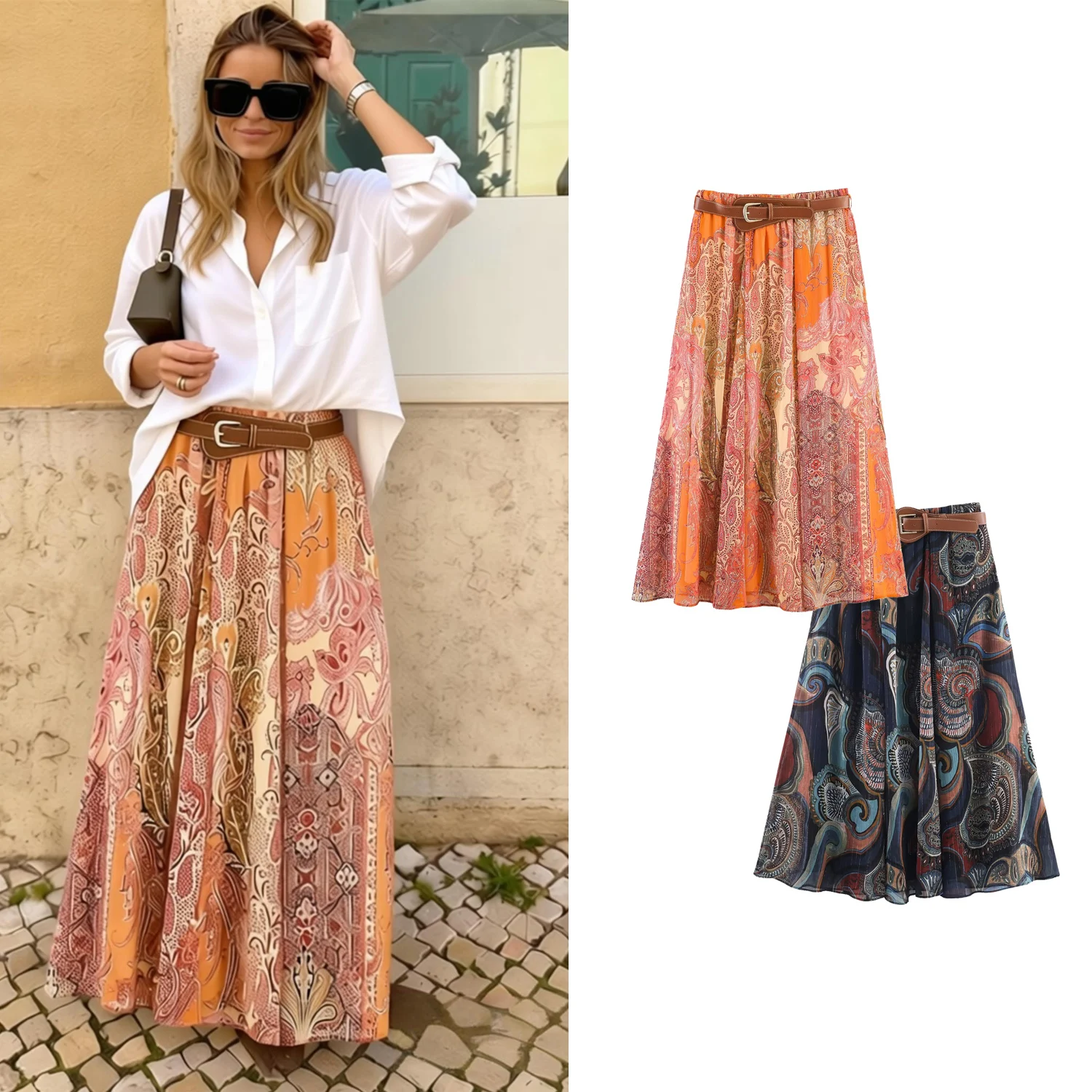 

Vintage Women's Paisley Print High Waist Skirts Summer Female Elegant Chic Street Skirts Lady Boho Casual Trendy Long Skirts