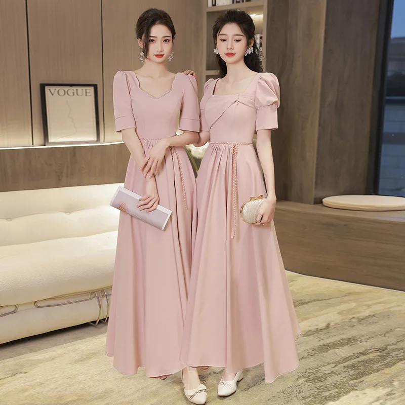 Pink Satin Bridesmaid Dress 2023 New Slim Wedding Sisters Group Evening Dress 4 Style Sweetheart Neck A-Line Graduation Vestido