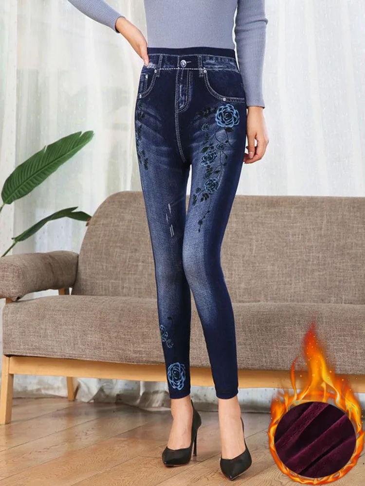 Winter Moeder Warm Print Leggings Imiteren Denim Pluche Fluwelen Gevoerde Leggins Broek Nauwsluitende Enkellange Legginsy Broek