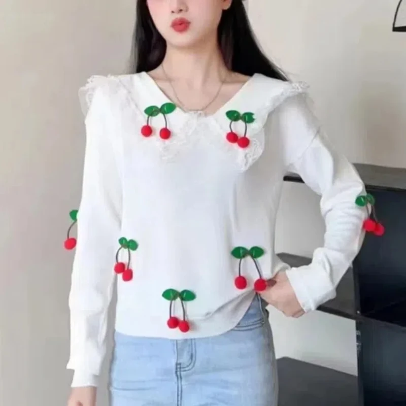 Doll Collar Slim Fit Versatile 2024 Spring and Autumn New Item Splicing V-neck Lace Fashion Casual Long Sleeved Knitted Top