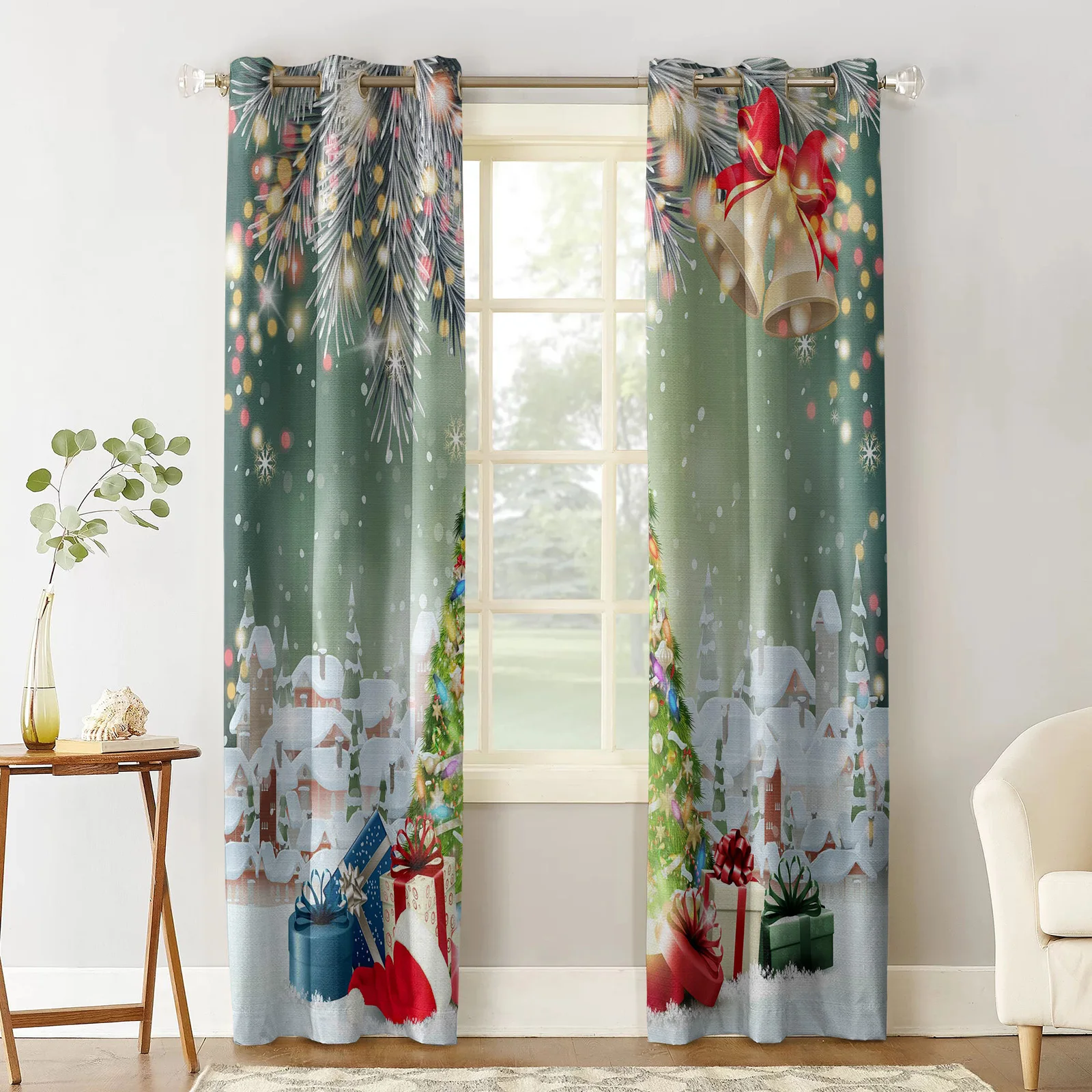 Christmas Tree Bells Village Snow Luxury European Curtains for Living Room Festival Window Curtain Bedroom Drapes Window Panels