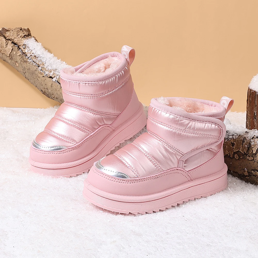 COMFY KIDS Toddler Girls Pink Puffy Fleece Lined Snow Boots Soft Non Slip Double Layer Rubber Sole Kids Winter Shoes