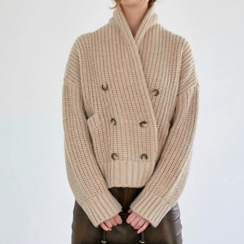 

2023 Simple Design Striped Small Turtleneck Autumn and Winter Warm Coat Knitted Cardigan