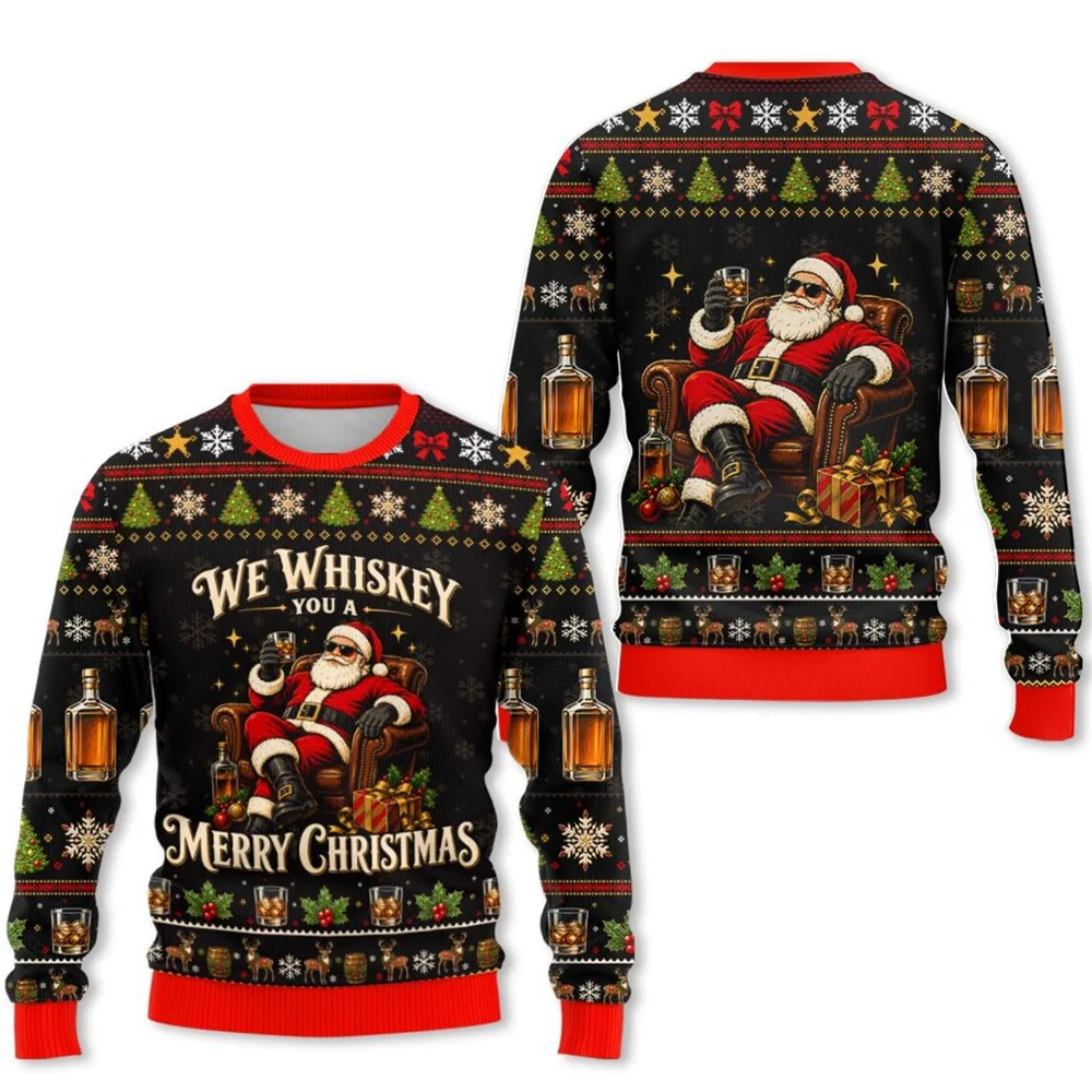 Santa Claus Enjoys Drinking Bar Beer Funny Ugly Sweater For Men Long Sleeve Humour 3D Print Pullover Sweatshirt Christmas Casual