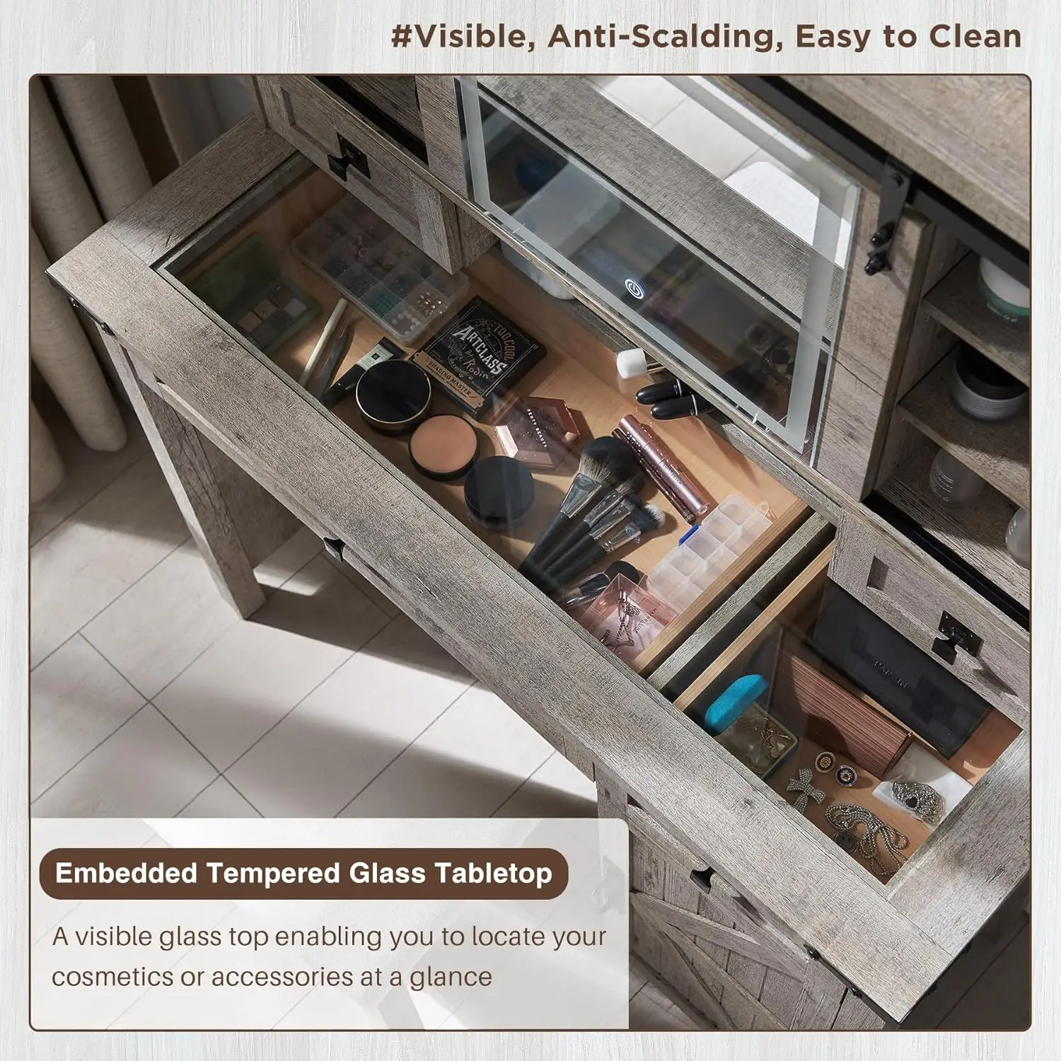 ファームハウス風化粧台、スライド式ミラーとライト付き、42インチガラス天板、2つの引き出しと棚付き、素朴なB