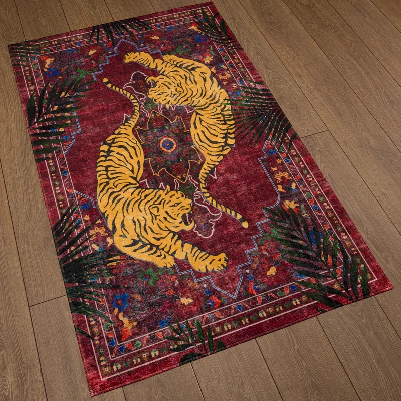 VIKAMA Tiger Jungle Carpet Retro Flower Anti slip Floor Mat, Soft Carpet for Living Room and Bedroom Home Decoration
