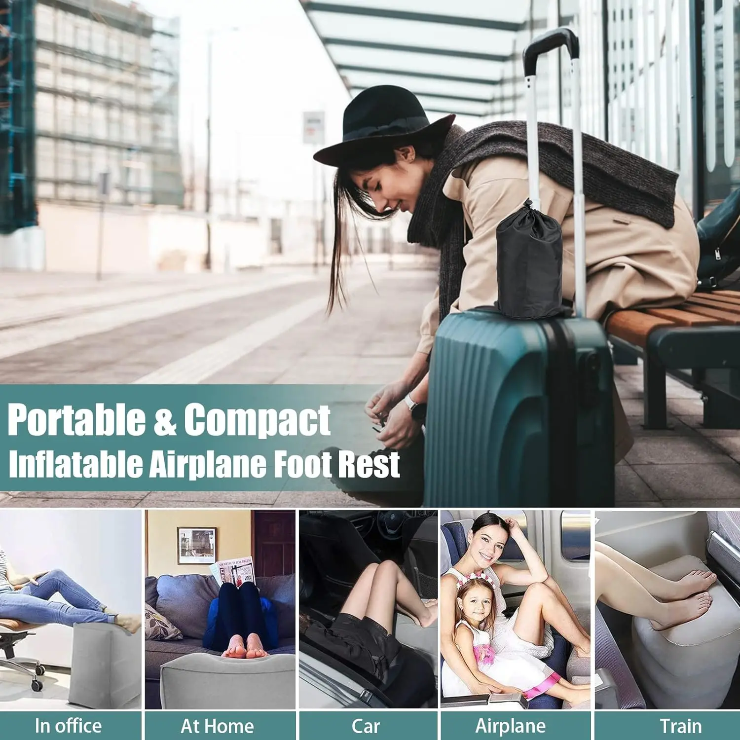 Airplane Foot Rest Travel Foot Rest Pillow Inflatable Travel Foot Rest for Airplanes Adjustable Height 3-Layer Ergonomic Folding