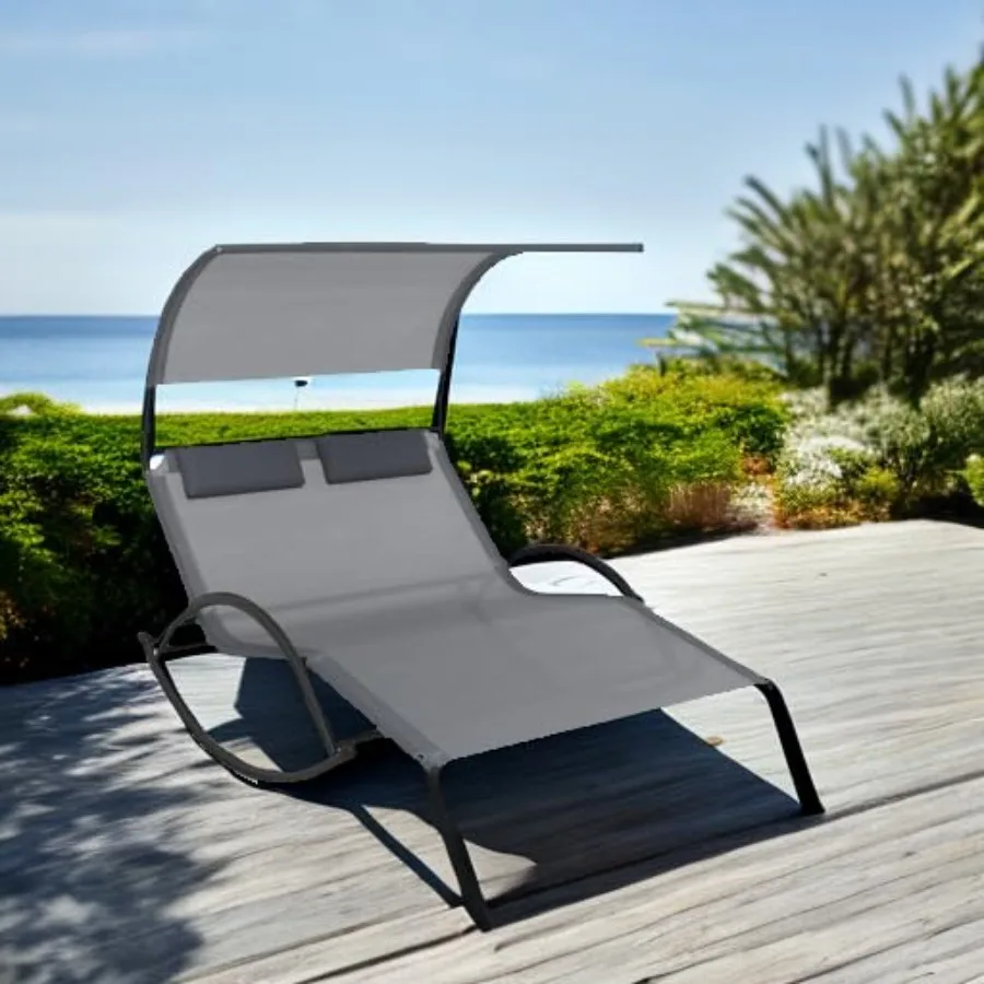 Outdoor 2-person lounge chair with canopy, metal frame, beige fabric, detachable pillows side pocket for backyard and poolside