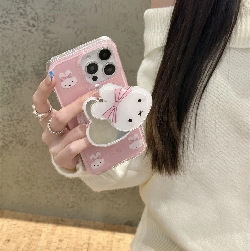 Cute Cartoon Bow Rabbit Magsafe Wireless Charge Case For iPhone 13 14 15 16 Pro Max Rabbit Rotate Make Up Mirror Magnetic Holder