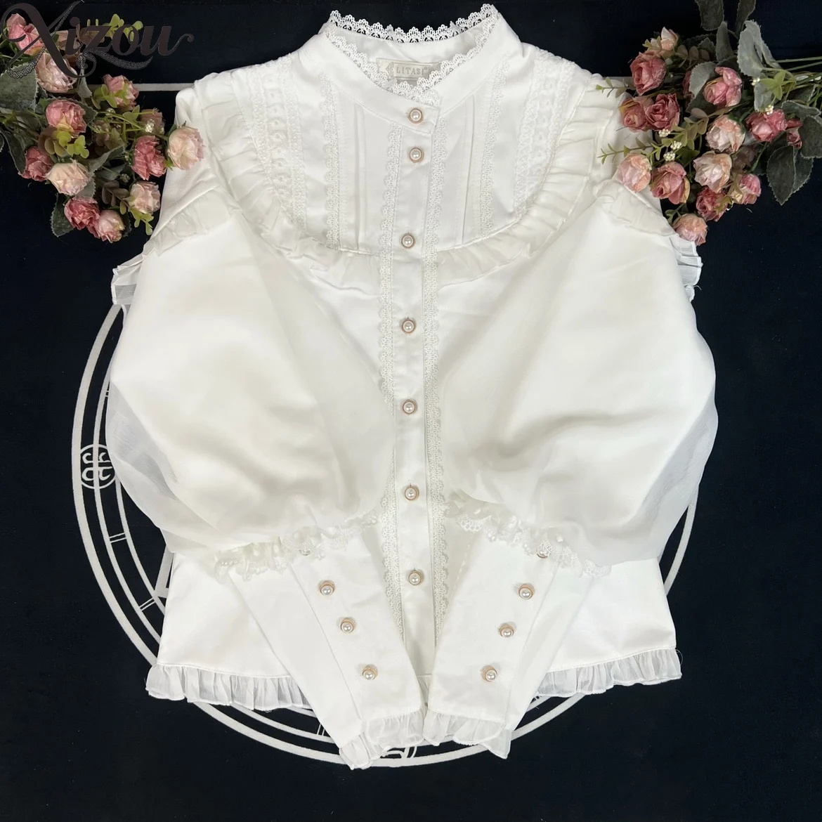 Automne et hiver nouvelles chemises Lolita intérieur velours chaud femmes à manches longues haut col montant chemise à bascule Camisas De Mujer