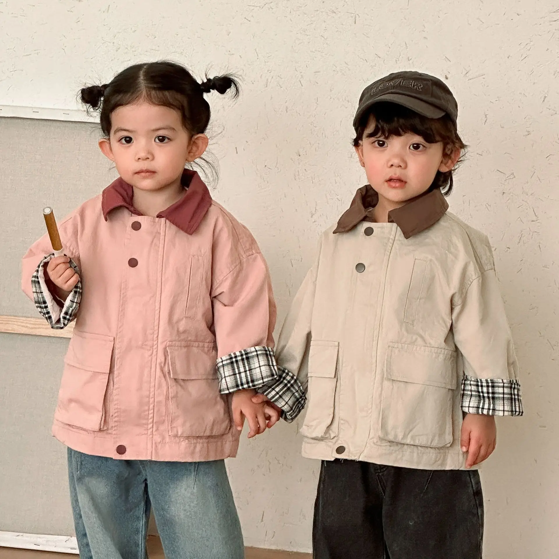 Jacket 2026 Spring and Summer New Childrens Clothing Korean Style Boys and Girls Fashion Loose Plaids Roll Hem Jacket