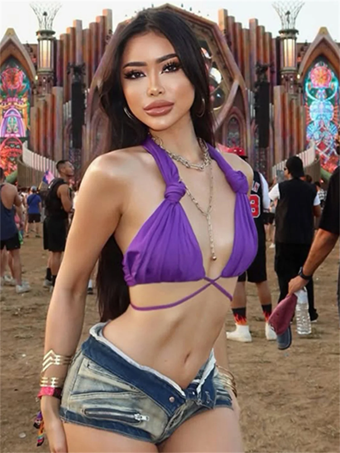 Weird Puss Halter Backless Tank Top Women Sexy V-Neck Knot Bandages Shirring Hem Sleeveless Trend Wild Music Festival Club Vest