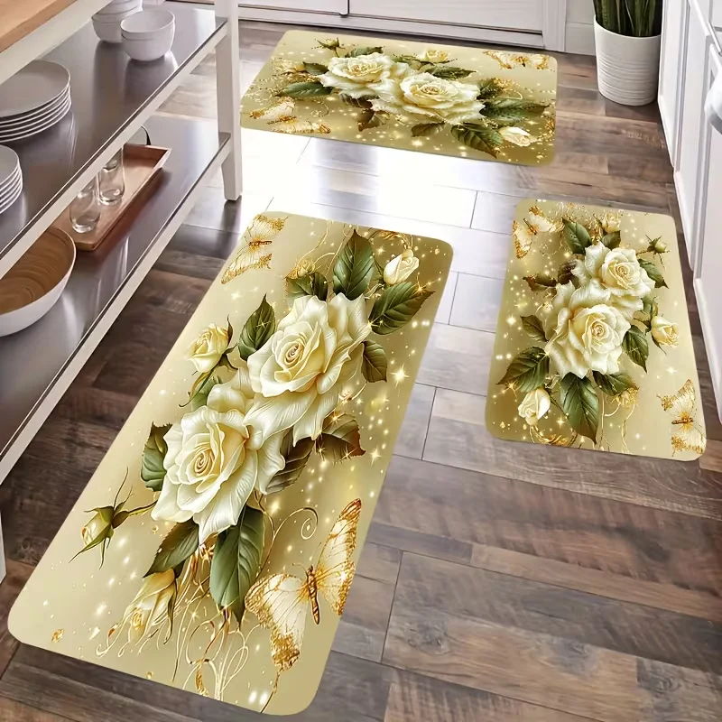 Luxuriöse Rosen-Küchenteppiche Elegante Blumen-Goldene-Schmetterling-Bodenmatten Weiche Rutschfeste Teppichsets für Badezimmer-Küchendekoration