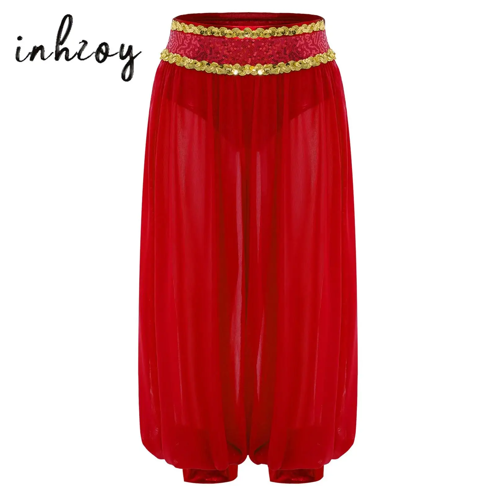 

Girls Belly Dance Pants Kids Sparkly Sequins Waistband Side Zipper Sheer Mesh Bloomers Halloween Theme Party Indian Dancewear