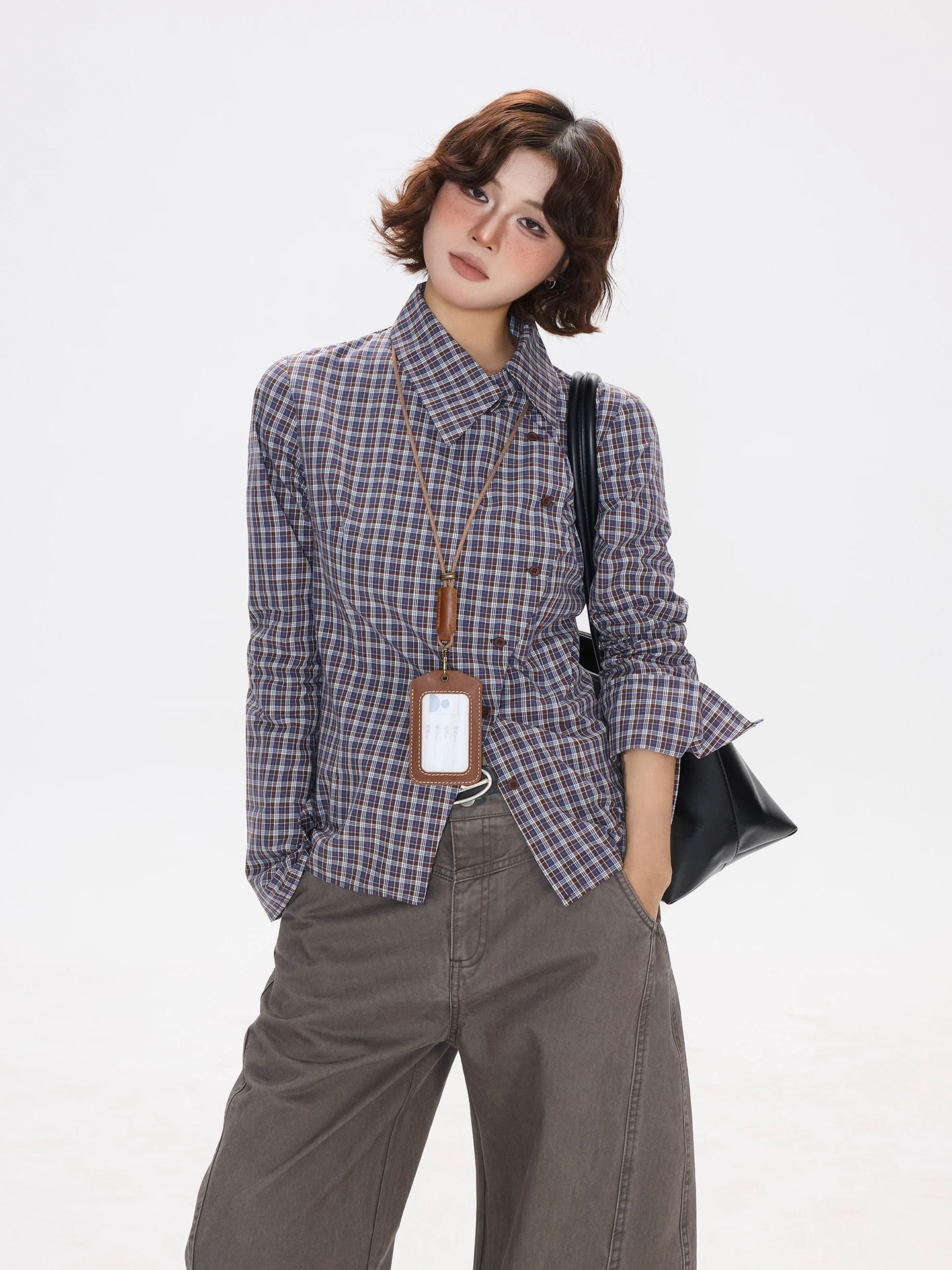 

Vintage Plaid Long Sve Slim Fit Women's irt Xie Zhanyao Store Button Design High nce Sensation Top for Young Girls