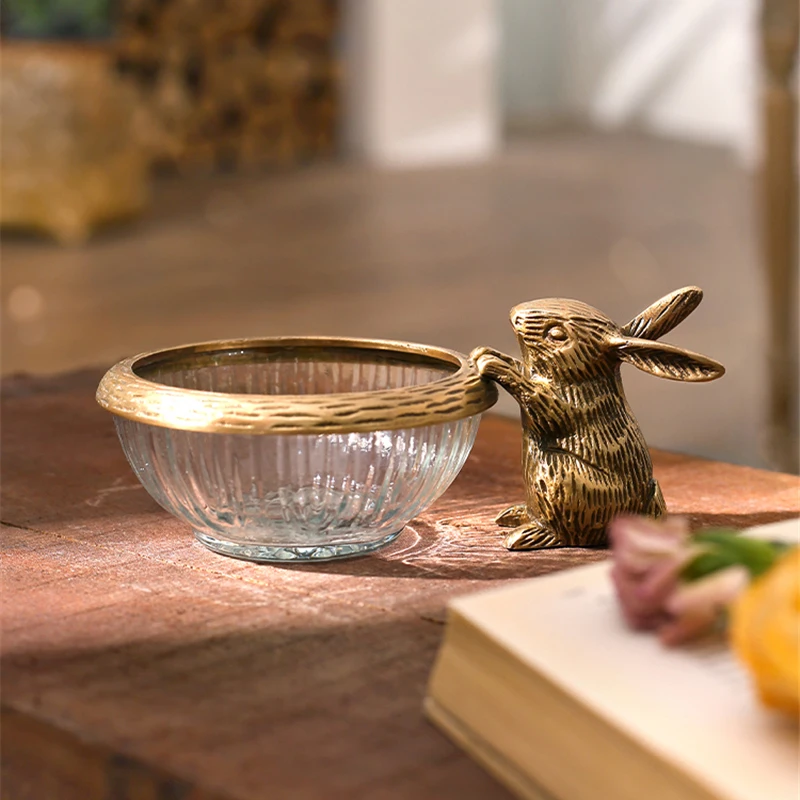 American Retro Fruit Plate Handmade Brass Rabbit Glass Living Room Candy Dessert Storage Tray Crafts Jewelry Plate Ornaments