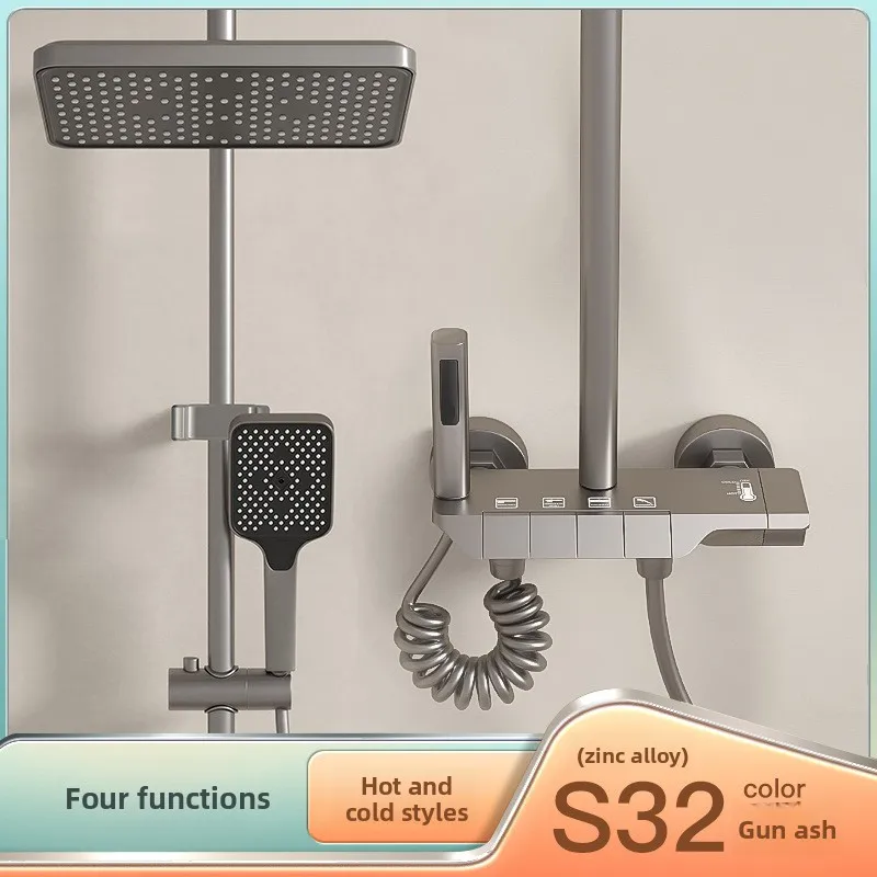 Ivory Ambient Light Brass Thermostatic Shower Set Digital Display Piano Key Showerhead Bathroom Shower Head and Handle Set - view 2