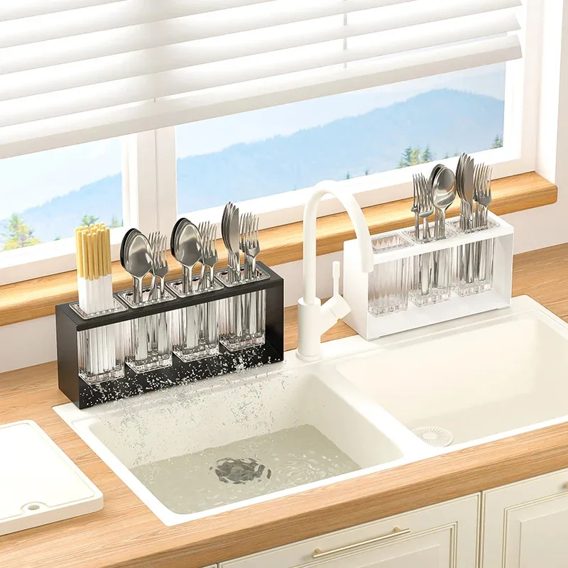 Fregadero de cocina, palillos, cucharas, cuchillos, tenedores, recipiente para guardar cubiertos con diseño de drenaje, gran capacidad