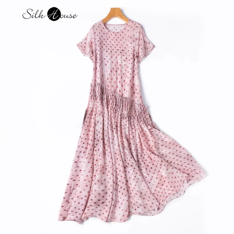 

3.2m Large Swing Artistic Tie Dye Pink Polka Dots 100% Natural Mulberry Silk Crepe De Chine Sloping Waist Vacation Style Dress