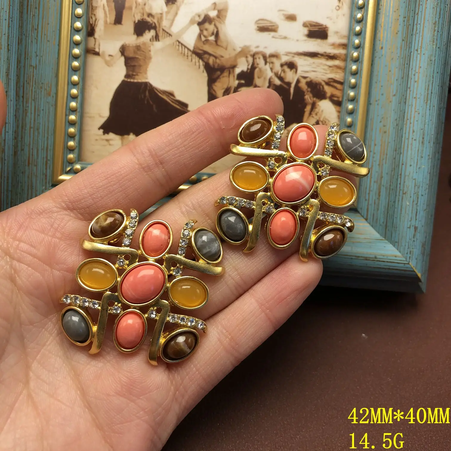 Vintage  electroplated matte real gold inlaid jelly resin colorful exquisite fashionable versatile earrings stud earrings