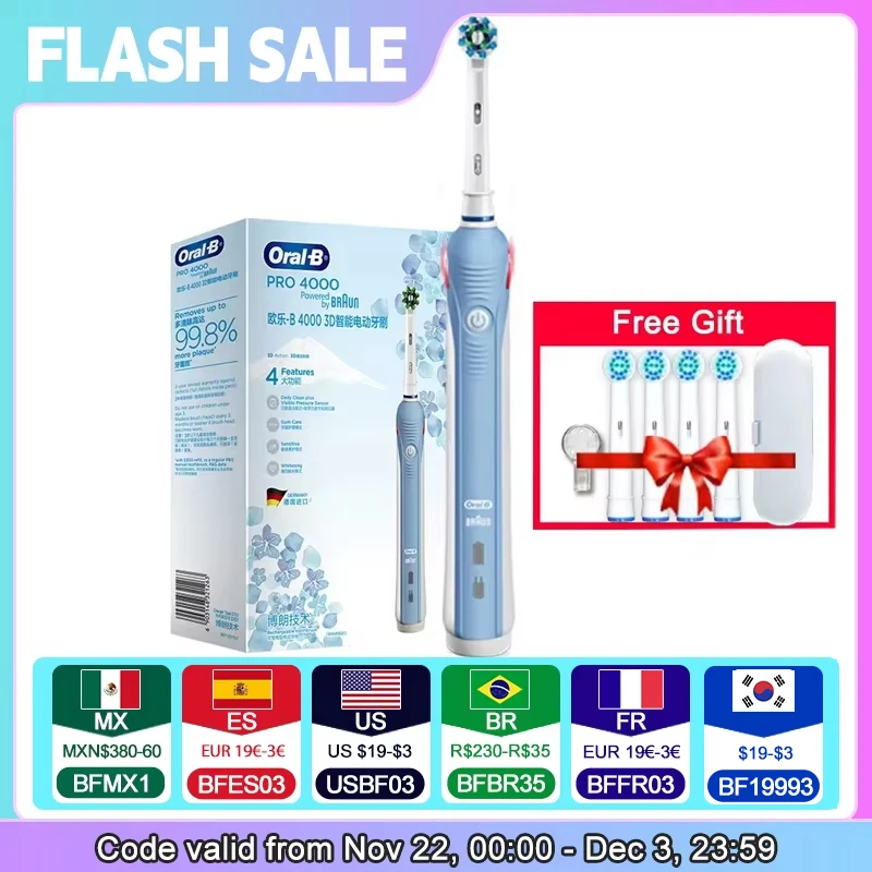 Oral B Smart 4000 Rechargeable Electric Toothbrush For Adults 3D Rotation Cleaning 4 Brushing Modes 2 Min Timer Waterproof Brush