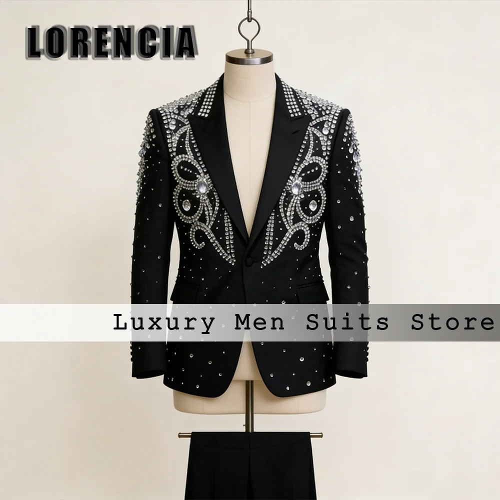 Classic Jewelry Men Suits 2 Pieces Crystal Tuxedos Set Wedding Party Groom Outfits Customized Blazer Pants traje hombre moderno
