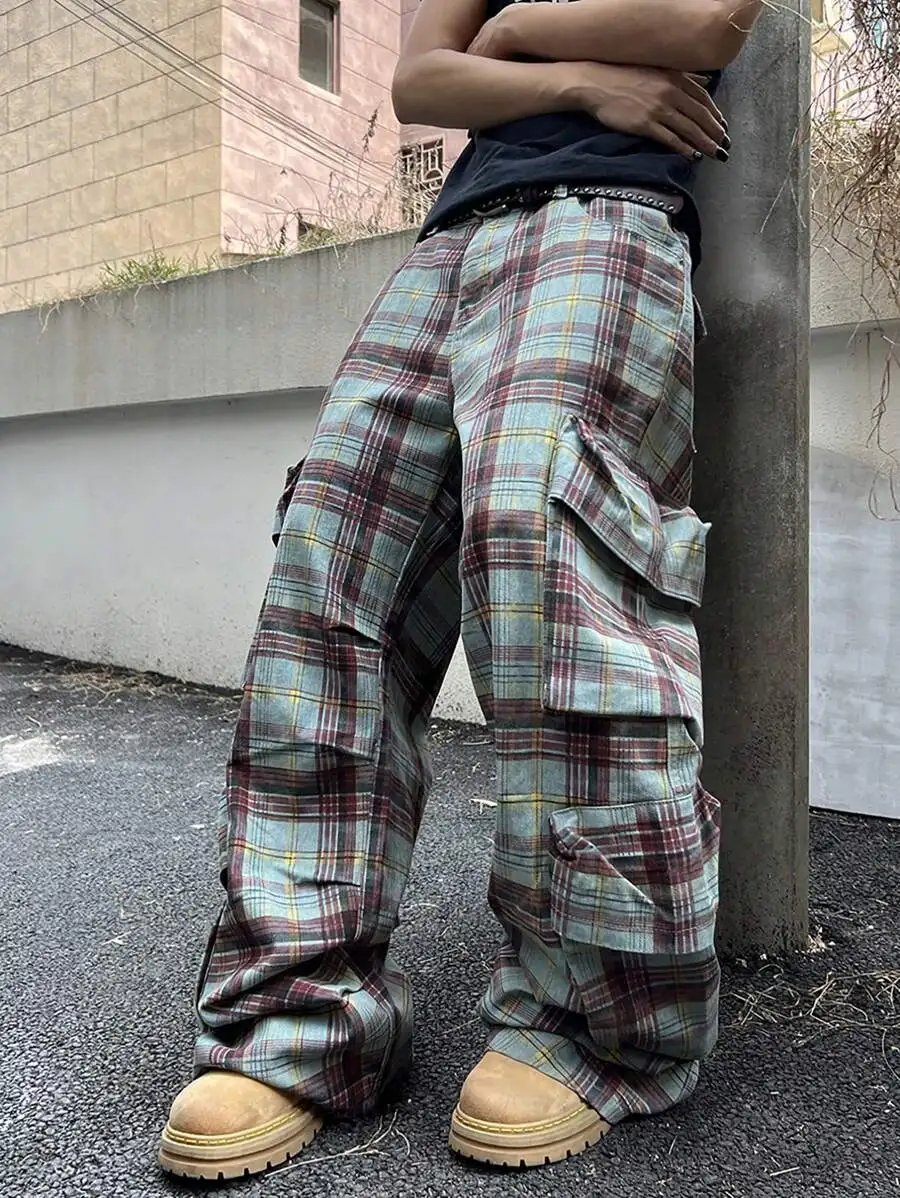 

Mens Plaid Cargo Straight Loose Casual Jeans For Streetwear Emo Style