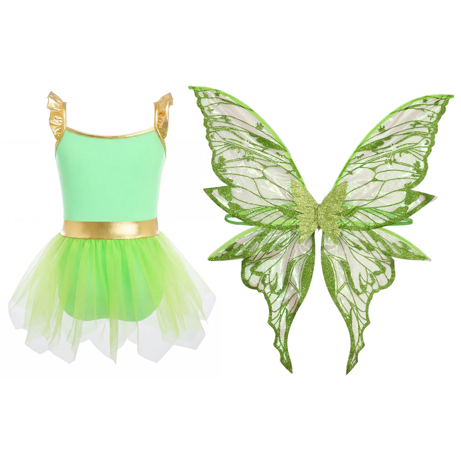 

Girls Butterfly Fairy Wings Costume 2Pcs Mesh Leotard Ruffle Flying Sleeve Dress Up Outfit Party Stage Performance Wear