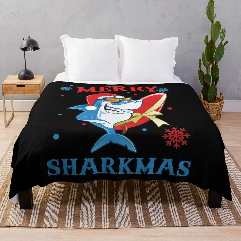 

Merry Sharkmas Funny Santa Shark Christmas Throw Blanket Flannels Soft Plush Plaid Blankets