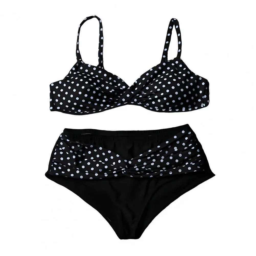 Plus Size Women Swimwear V-Neck Bra with Built-In Support, High-Waisted Twist Swim Bottoms, Retro Dot Design Swimwear
