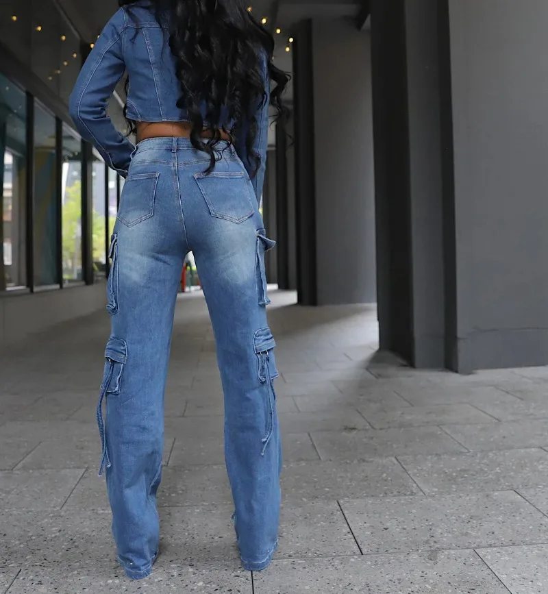 Women Denim 2 Piece Set Long Sleeve Single Breasted Irregular Jackets Crop Top + Multi Pockets High Waist Cargo Pants Jeans Suit