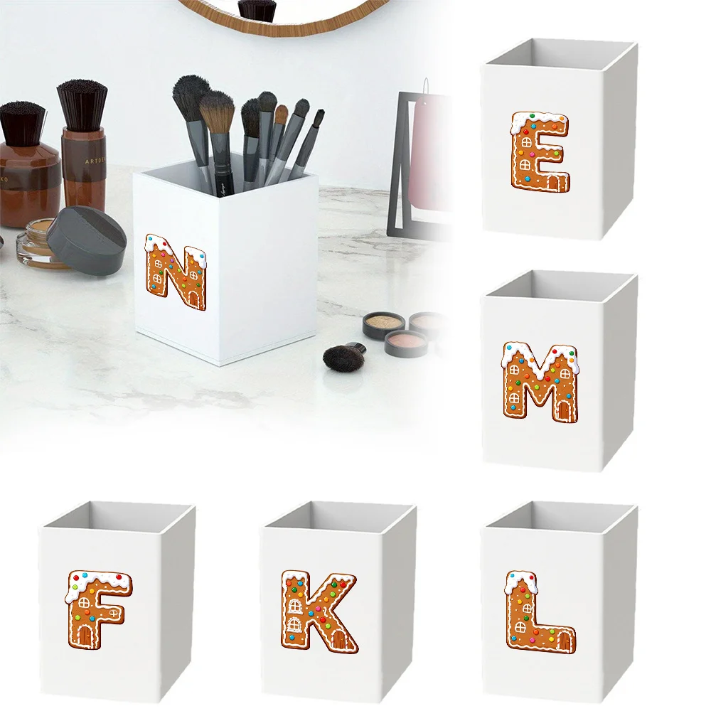 

Tationery Holder Desk Organizer Practical Acrylic Pen Holde Large Capacity Makeup Brush Case Gingerbread Letter Pattern