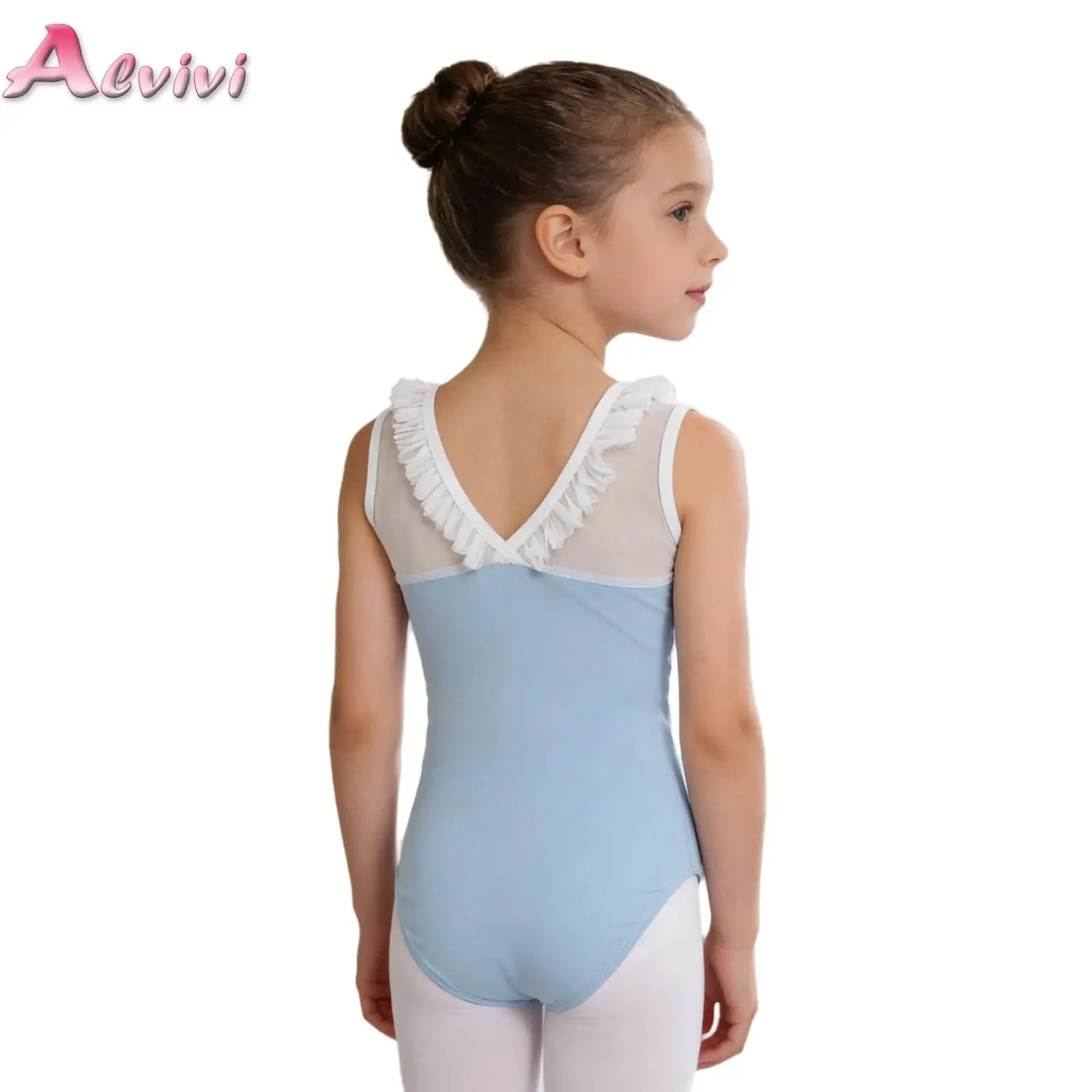 Kids Girls Frilly V-back Ballet Leotard Sheer Mesh Patchwork Long Sleeve Bodysuit Dress for Ballet Dance Gymnastics Practice