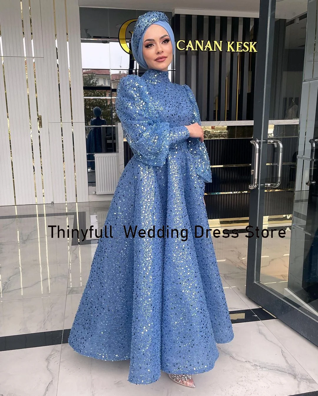 Thinyfull A-line Muslim Glitter Evening Party Dresses Long Sleeves High Neck Engagement Dress Sequin Prom Gown Robe De Soirée