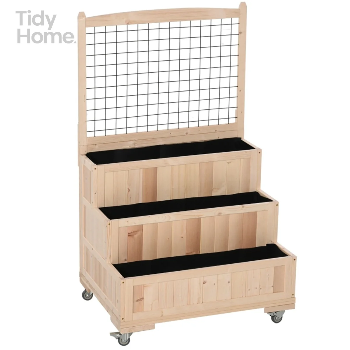 

3-х уровневая приподнятая садовая кровать с решеткой, вертикальная кашпо высотой 53 дюйма с колесиками и задней поверхностью для хранения цветов, овощей