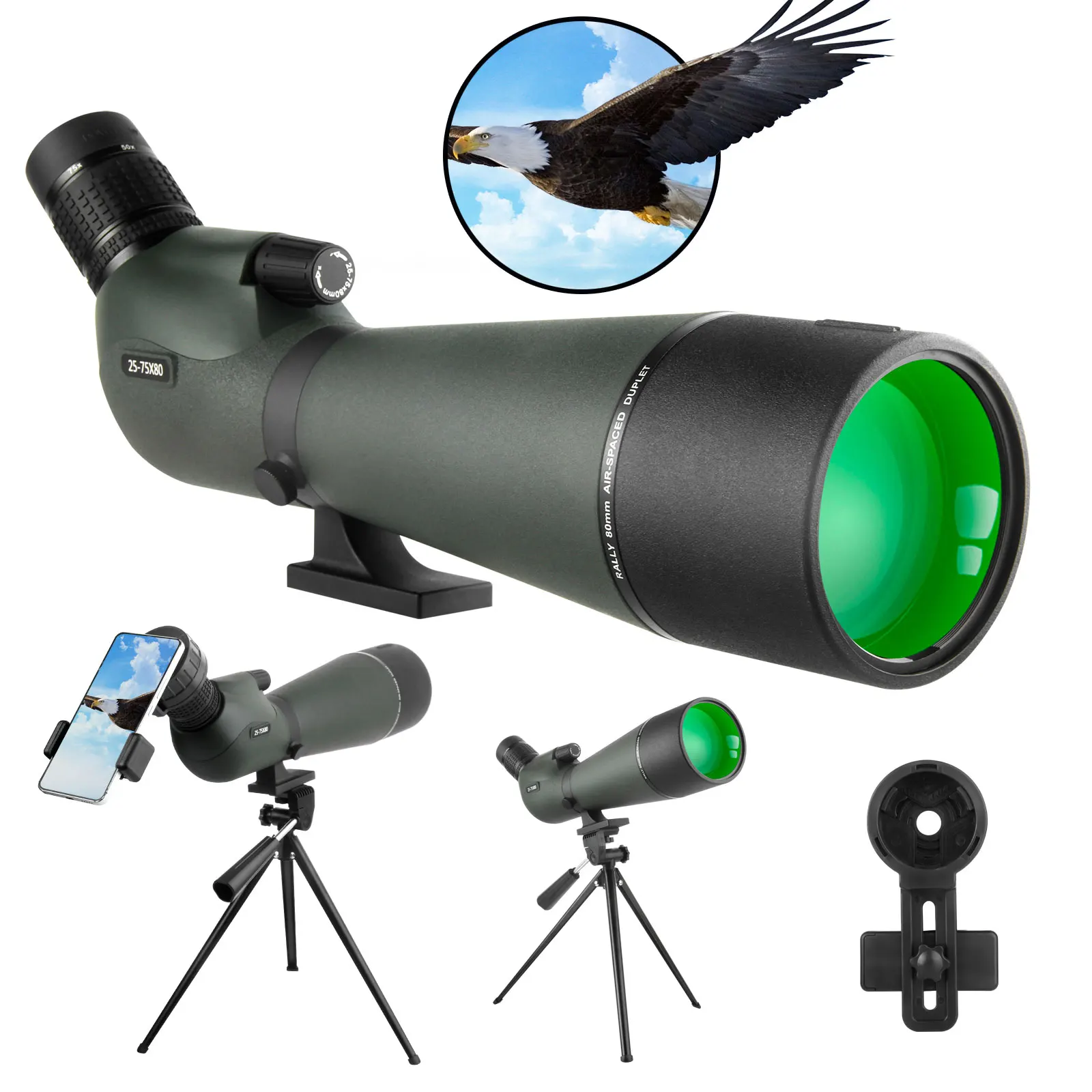 25-75x80 Telescope Spotting Scope Large Field Powerful Zoom Monocular With Phone Adapter Tripod For Bird Watching Camping