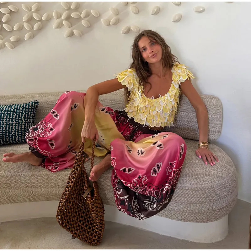 2026 Summer Gradient Contrast Print Harem Pants Oversize Baggy Elastic Waist Boho Trousers Women New Trendy Classy Lady Bottoms