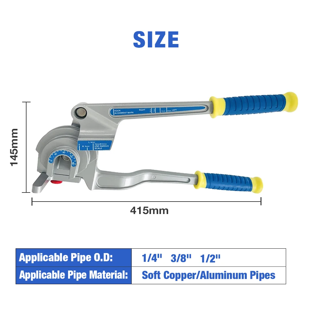Diese manuelle 3-in-1-Rohrbiegemaschine eignet sich für Rohre mit 1/4 Zoll, 3/8 Zoll und 1/2 Zoll Durchmesser ermöglicht einen Biegewinkel von 180° und ist kompatibel mit Kupfer-, Aluminium-, Eisen- und Edelstahlrohren – Detail 2