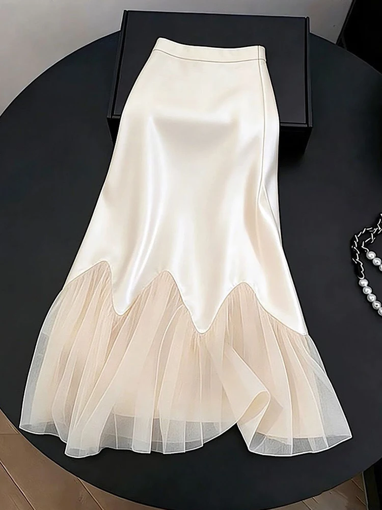 Women Elegant Satin Long Skirt Fashion Slim High Waist Mesh Patchwork Mermaid Skirts Summer Korean Casual Chic Lady Sweet Skirt