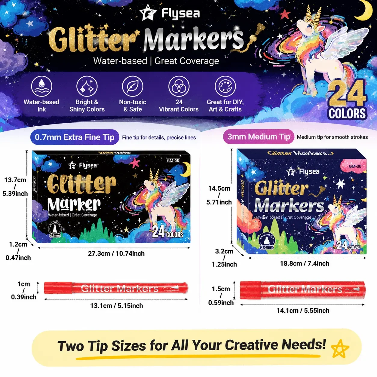 FLYSEA 24 Colors Glitter Acrylic Paint Markers, Water-Based Paint Pens with 0.7mm Fine Tip or 3mm Medium Tip, Waterproof After Drying, for Rock Painting, Glass, Wood, Paper, DIY Crafts and Card Making