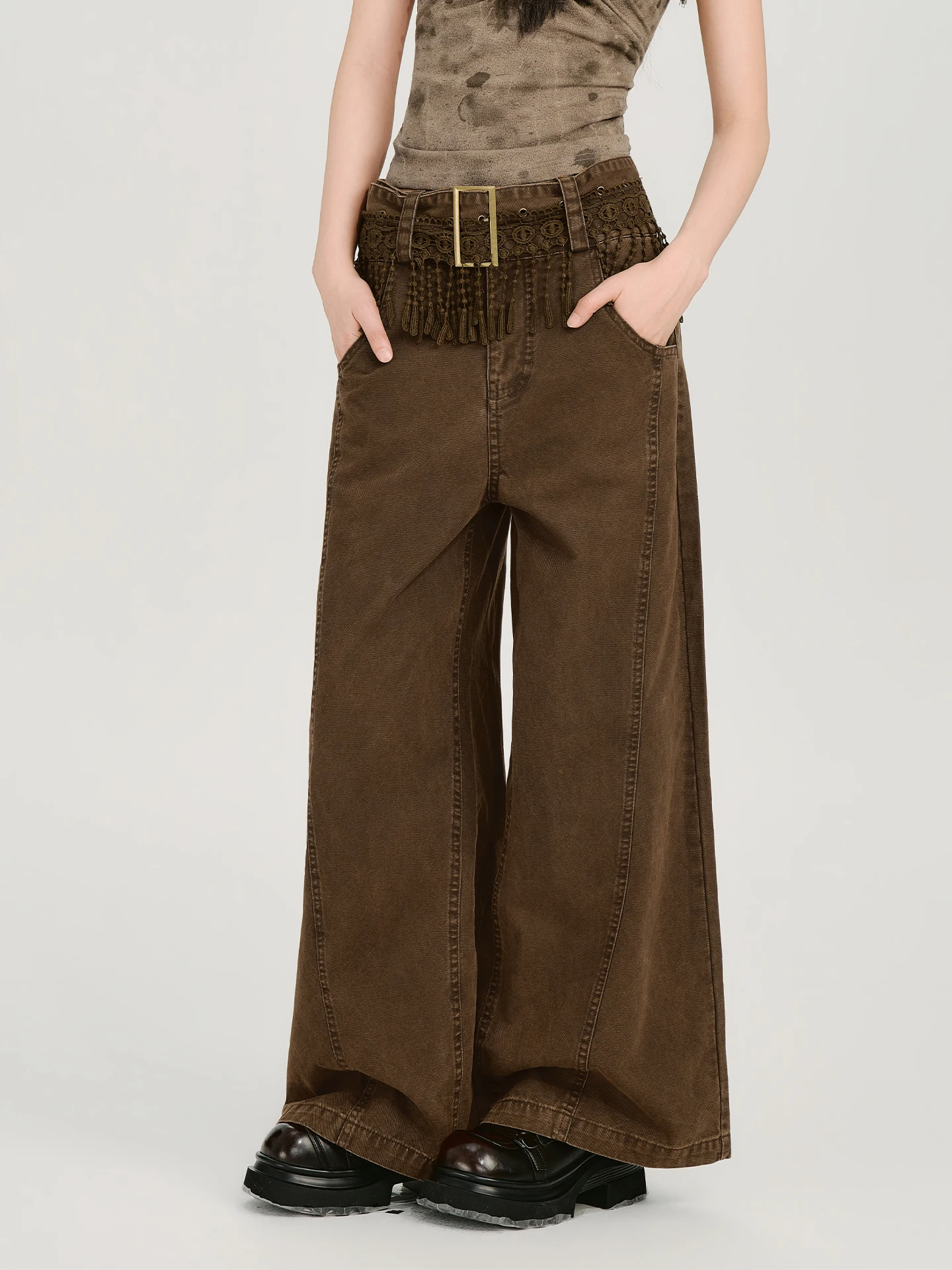 

Girlyhalo American Retro Fringed Wide Leg Casual Pants Women Summer New Straight Cut Loose Long Trousers High Waist Zipper