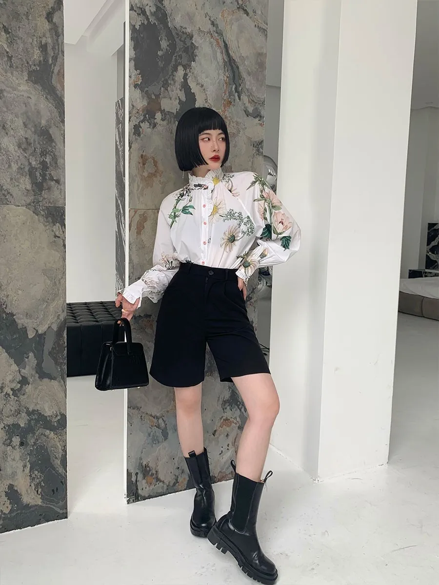 CHEERART Fall 2022 Vintage Fashion Lantern Sleeve Plant Floral Shirt For Women White Long Sleeve Top Designer Blouse Clothing