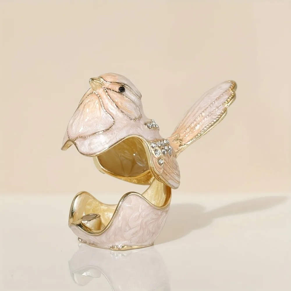 Bird Shaped Enamel Jewelry Box‌ Hand Painted Crystal Bird Figurine Ornaments Hinged Jewelry Storage Box