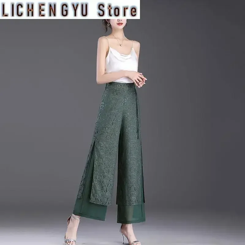 Double Layer Jacquard Chiffon Wide Leg Pants Female Side Split Thin Pants Summer High Waist Trousers Ladies Casual pants