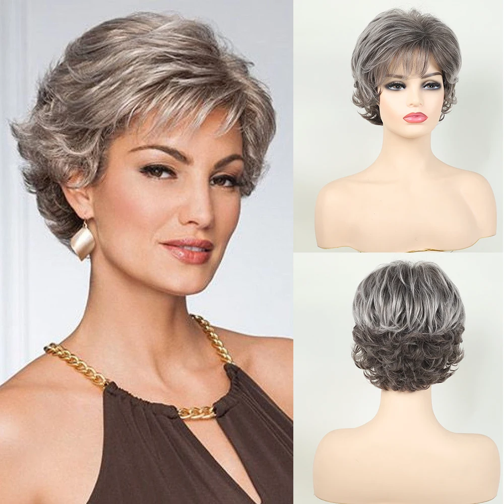 Synthetic Grey Women Curly Hair Short Pixie Cut Wigs Natural with Bangs Daily Costume Party Old Female Grandma Wig Heat Resistan