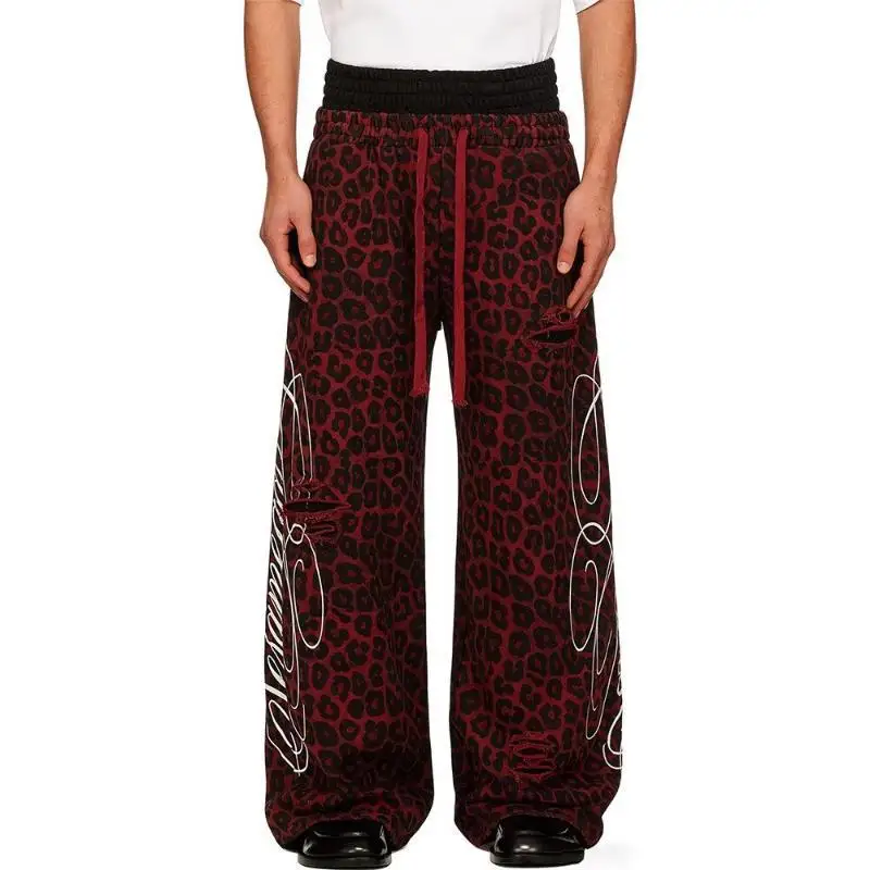 Men's Fake Two Leopard Print Patterns Casual Pants Street Bottom Cool Boy Wide Legs Thin Sweatpants Male High Waist Trousers