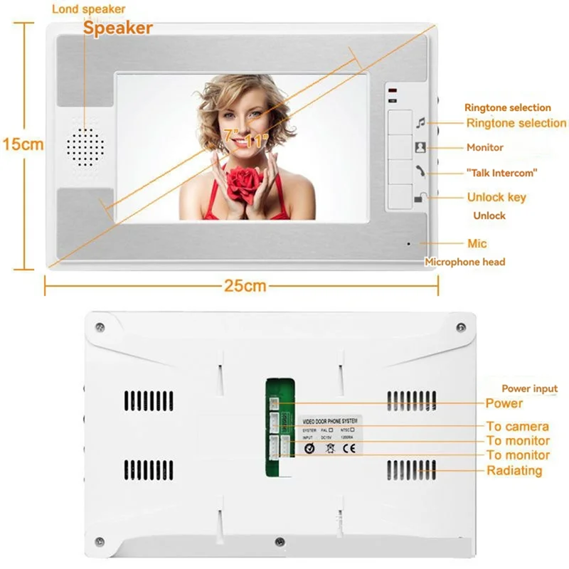 ABDE-7-дюймовый монитор HD-камера видеодомофон дверной звонок домофонная система ИК ночного видения проводная камера дверного звонка беспроводная