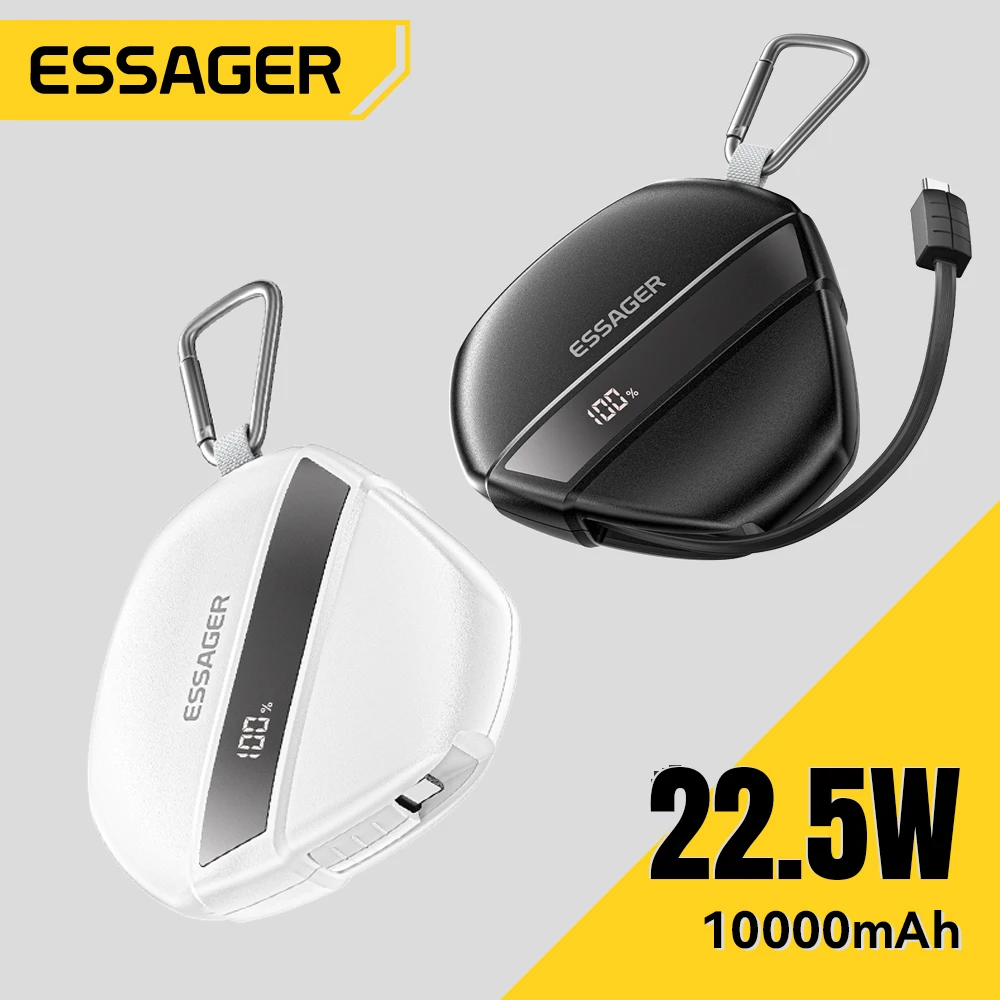 

Essager 10000mAh Digital Display Power Bank with Retractable 22.5W Fast Charger Built in Lighting SOS for Outdoor iPhone Xiaomi