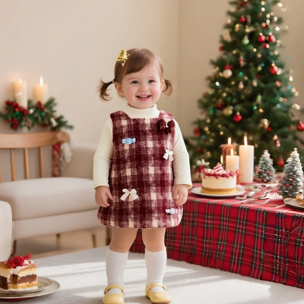 

Winter New Christmas Baby Girl Dress With Plush Two-Piece Sweet Plaid, New Year Party Children'S Clothing (9 Months To 4 Years)