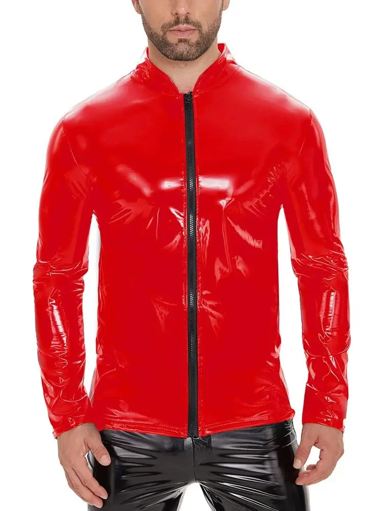 S-7XL Wet Look PVC Long Sleeve Tshirt Shiny PU Leather Top Tights Stand Collor Zipper Jacket Hip Hop Performance Tees Motor Coat